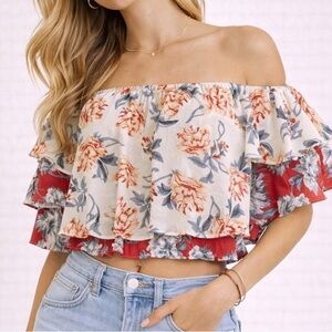 Boohoo  Off-Shoulder Ruffle Crop Top - Red & Cream